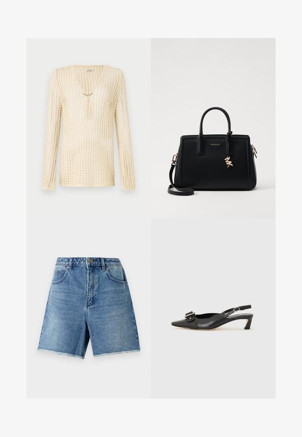 Strikket langermet topp i lys beige med mesh-design. Har V-hals og et sirkulært utskjæring på brystet, pyntet med en gyllen detalj.; Denimshorts i lys blå, med høy midje, knappelukking, sidelommer og slitt hem for en avslappet passform.; Svarte skinn slingback-sko med spiss tå, liten hæl og dekorativ spenne-detalj på overdelen. Glatt tekstur, minimalistisk design.; Svart skinnhåndveske med strukturert design, doble topphåndtak, avtakbar skulderrem, gullfarget hardware og en logo-detalj.