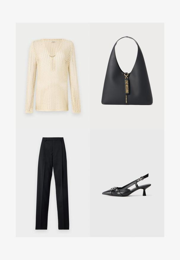 Trikotēta, garām piedurknēm tees gaisīgi bēšā krāsā ar acs dizainu. Iezīmē V-veida dekoltē un apaļu izgriezumu krūtīs, rotātu ar zelta akcentu.; Melnas bikses, izgatavotas no gludas auduma, ar augstu vidukli, platiem bikšu galdniekiem, priekšējiem krokām un klasiskām jostu cilpām. Sānu kabatas nav redzamas.; Melnas ādas šlipsveida kurpes ar norādītu purngalu, dekoratīvām joslām ar metāla acīm un zemu bloku papēdi. Teksturēta virsma.; Melnas ādas plecu soma ar plašu siksnu, zelta aparatūru un diviem piekārtiem birkām ar uzrakstu "LOVE MOSCHINO" zelta burtiem.