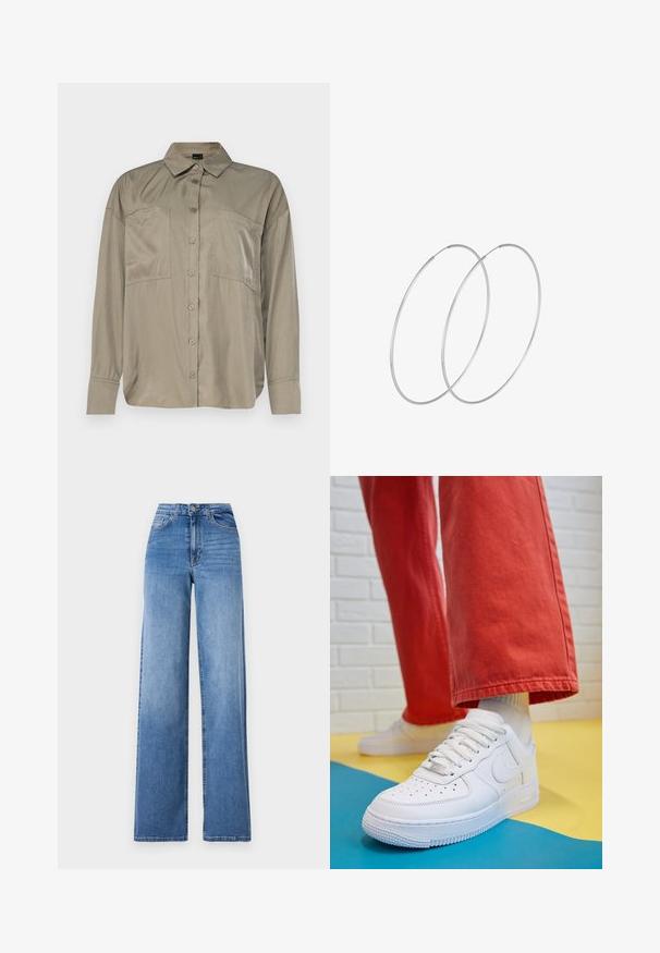 Aliejinės žalios spalvos, ilgomis rankovėmis marškiniai, pagaminti iš lygaus, lengvo audinio. Yra mygtukų priekyje, šaunus apykaklė ir dvi krūtinės kišenės.; Šviesiai mėlynos plačių kojų džinsai, pagaminti iš džinsinio audinio, su aukštu liemeniu, priekinėmis kišenėmis ir standartiniu mygtuko uždarymu. Lygus paviršius.; Baltos odinės kedų sportbačiai su perforuotu pirštu, tekstūruota pado dalimi ir baltais raišteliais, derinami su plačiomis raudonomis kelnėmis ir mėlynos bei geltonos spalvų fono kompozicija.; Sidabrinės pusmėnulio auskarai minimalistiniu dizainu. Apskritimo forma, lygus paviršius ir plonas profilis. Lengvi su poliruotu apdailu.