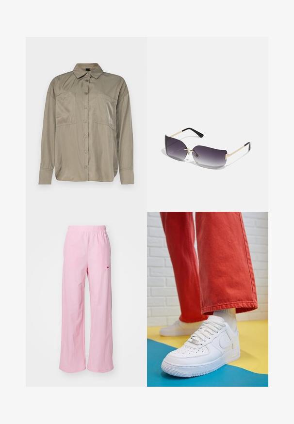 Camisa de color verde oliva, de manga larga, en una tela suave y ligera. Presenta un cierre de botones en el frente, cuello puntiagudo y dos bolsillos en el pecho.; Pantalones rosa con cintura elástica y corte relajado. Presentan un logo rojo en el lado izquierdo y una textura suave y ligera.; Zapatilla de cuero blanco con caja de dedos perforada, suela texturizada y cordones blancos, combinada con pantalones rojos amplios y un fondo azul y amarillo.; Gafas de sol con lentes de graduación gris, montura metálica dorada y acentos de plástico negro. Lentes con una forma de mariposa única y varillas delgadas.; Bolso hobo negro hecho de un material suave similar al cuero, con un asa retorcida, que presenta una forma suave y redondeada y un cierre superior de cremallera.; Pendientes de aro de plata con diseño retorcido, que presentan un acabado pulido y cierre de presión. Miden aproximadamente 3 cm de diámetro.