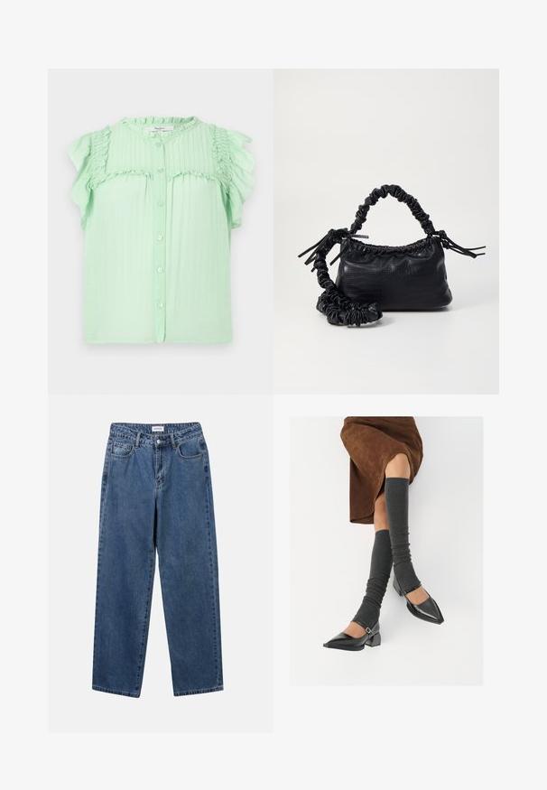 Blusa verde-claro com mangas curtas em babados, fecho com botões à frente e pregas texturizadas ao longo do decote. Tecido suave com um design fluido.; Jeans de denim azul clássicos com um design de perna reta, cinco bolsos e fecho de botão. Apresenta um tratamento médio e uma textura resistente.; Sapatos pretos de pele lacada com biqueira pontuda, salto bloco e tiras no tornozelo, combinados com caneleiras cinzas em malha e uma saia de camurça castanha.; Bolsa de mão em couro sintético preto com textura de crocodilo, topo franzido e alça enrugada. Apresenta um design suave e compacto.