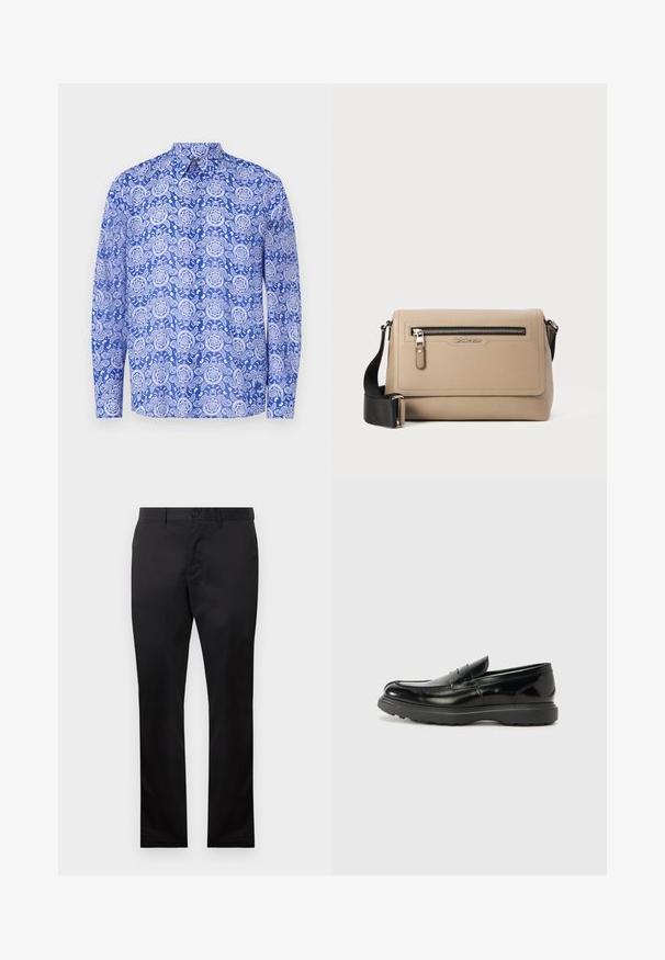 Vilebrequin CARACAL - Ing - palace; Fekete pamut nadrág egyenes láb kialakítással, elülső gombos zárással és oldalsó zsebekkel, sima textúrával, látható minták nélkül.; Fekete bőr loafer, fényes felülettel, kerek orral, diszkrét varrási részletekkel és vastag gumitalppal a tartósság érdekében.; Beige bőr keresztpántos táska struktúrált felülettel, elülső cipzáras zsebbel és állítható fekete pánttal. A logó az elülső részen látható.