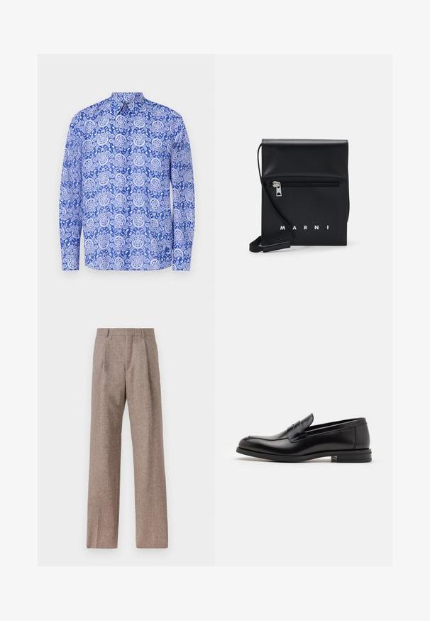 Vilebrequin CARACAL - Ing - palace; Barna, magas derekú nadrág texturált anyagból. Széles szárai és két elülső redője biztosítja a struktúrát. Ízléses kivitel, látható fémszerelés nélkül.; Fekete bőr loaferek sima textúrával, kerek orral és dekoratív pánttal a vampnál. Alacsony, rétegelt sarkú, minimalista dizájn.; Fekete bőr keresztpántos táska cipzáras elülső zsebbel, dombornyomott logóval és állítható pánttal. Simább textúra, amelynek strukturált alakja van.