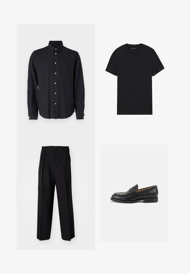 Tumši pelēks garām piedurknēm krekls, izgatavots no teksturētas auduma. Tam ir pogājams apkakle, priekšējā kabata un pogu aizdare ar sudraba pogām.; Melna kokvilnas T-kreklā ar īsām piedurknēm un apaļu kakla izgriezumu. Audumam ir gluda tekstūra un vienkāršs, vienkrāsains dizains.; Melnas plisētās bikses ar taisnu, plata kāja dizainu. Izgatavotas no gludas auduma, ar pogu aizdari un jostas cilpiņām.; Melnas ādas loafers ar gludu apdari, noapaļotu purngalu un dekoratīvām šuvēm uz virsu. Zems, sakrauta papēža un neliels spīdums.