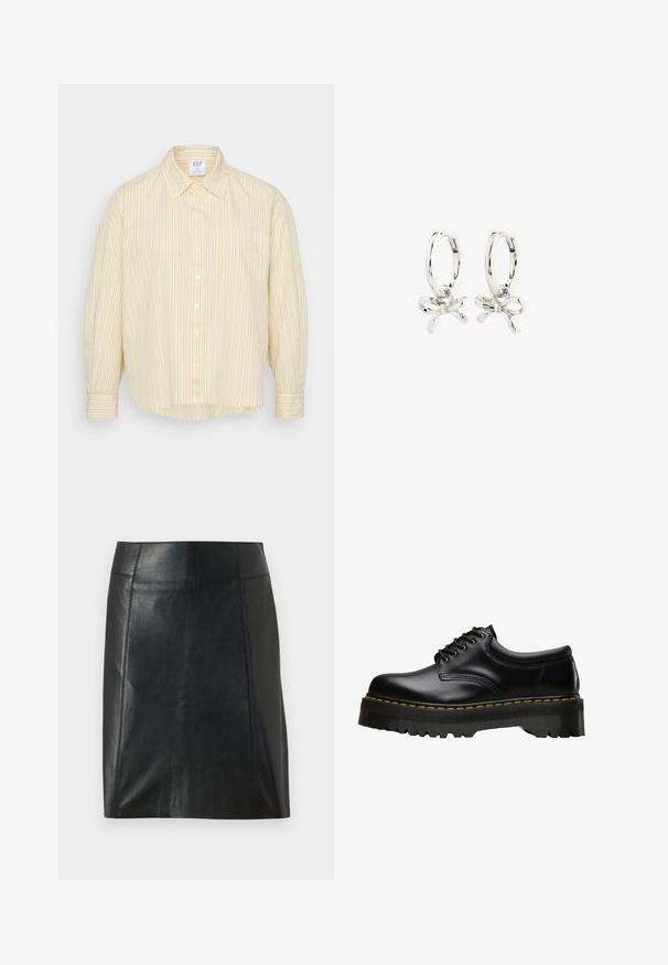 GAP Petite wUPDATED BIG SHIRT FAST - Bluza z gumbi - yellow; Črna usnjena krilo s prilegajočo zasnovo. Gladka tekstura, šivi, ki obdajajo obliko, in ravna obroba. Minimalističen in eleganten videz.; Črne usnjene čevlje z vezalkami, debelim zobatim črnim gumijastim podplatom in rumenim šivom ob robu, ki imajo gladek finiš.; Srebrni uhani v obliki obroča z obliko pentlje, z gladko površino in poliranim teksturo. Kompaktna, minimalistična zasnova primerna za različne priložnosti.