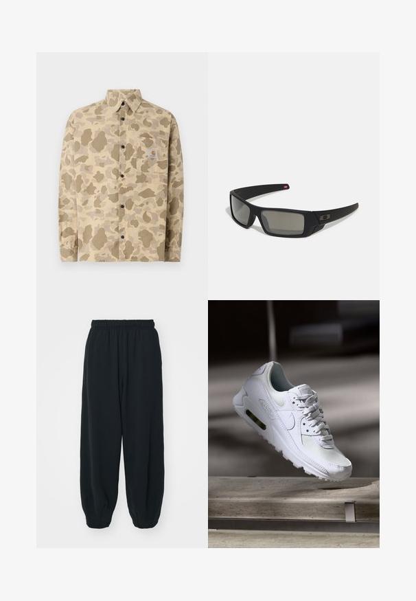 Smėlio spalvos marškiniai su kamufliažo raštu, sudarytu iš skirtingų rudos atspalvių. Yra krūtinės kišenė ir juodi mygtukai. Pagaminta iš minkštos struktūros audinio.; Juodi, su elastiniu juosmeniu sportiniai kelnės su laisvu siluetu, suapvalintais kulkšnimis, lygia tekstūra ir be matomų raštų ar metalinių akcentų.; Baltos Nike Air Max 90 sportbačiai su.comi ir odos viršumi, perforuota pirštų dėžute ir matomu oro pagalvėle kulne.; Juodi akiniai saulės su matinio paviršiaus užbaigimu, stačiakampiai lęšiai, švelnus lenkimas ant šventyklų, subtilus logotipo detalizavimas ir dūminiai lęšiai.