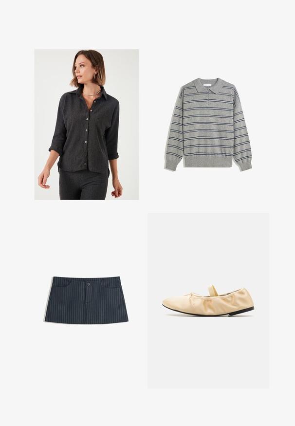 Black textured button-up shirt with long sleeves rolled to the elbows, featuring wooden buttons and a classic collar design.; Gray long-sleeve polo sweater with a collared neck, featuring navy horizontal stripes and a button placket at the collar. Soft texture.; Navy blue pinstripe mini skirt with front pockets and a single button closure at the waist.; Proenza Schouler GLOVE BALLET FLATS - Ankle strap ballet pumps - light/pastel yellow