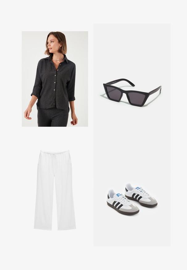 Schwarzes, strukturiertes Hemd mit langen Ärmeln, die bis zu den Ellbogen gerollt sind, mit Holzknöpfen und klassischem Kragen.; Weiße weit geschnittene Hosen aus weichem Stoff, mit einem elastischen Bund und einem Kordelzug sowie zwei seitlichen Taschen. Einfaches und klares Design.; Sportschuhe mit einem Obermaterial aus weißem Leder, grauer Wildleder-Zehenkappe und drei schwarzen Streifen. Sie verfügen über ein blaues Logo auf der Zunge und eine strukturierte Gummisohle.; Schwarze, eckige Sonnenbrille mit grauen Gläsern; aus Kunststoff gefertigt, mit dicken Bügeln, die eine glatte Oberfläche und keine sichtbaren Beschläge haben.