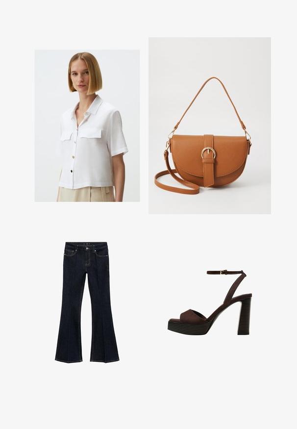 Jimmy Key SHORT SLEEVE WITH POCKET DETAIL - Button-down blouse - white; Dark blue denim jeans with high waist, front pockets, and flared wide legs, displayed flat on a white background.; Brown suede high-heeled sandal with an open toe, adjustable ankle strap, and a striped platform sole.; Brown leather crossbody bag with a curved shape, gold hardware, and a buckle accent. Features a detachable shoulder strap.