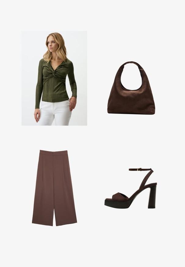 Olivgrünes Langarmoberteil mit einem Twist-Detail vorne, ausgestattet mit vertikalen Falten und einem V-Ausschnitt, getragen mit weißen Jeans.; Braune Weite-Leg-Hosen mit einer glatten Textur, hoher Taille und Vorderfalten. Der Stoff ist leicht und fällt locker.; Braune Wildleder-Pumps mit offenem Zeh, verstellbarem Knöchelriemen und gestreiftem Plateausohlen.; Weiche braune Hobo-Stil Handtasche mit einem einzigen breiten Trageriemen und einer geschwungenen Oberteilöffnung, auf einem weißen Hintergrund präsentiert.