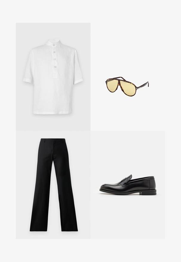Bílá polokošile s krátkým rukávem vyrobená z lnu. Má zapínání na knoflíky, tradiční límec a volnější střih. Hladká, lehká textura.; Černé široké kalhoty vyrobené z hladkého materiálu. Mají středně vysoký pas a přední sklady, které nabízejí upravený siluetu.; Černé kožené polobotky s hladkou texturou, zaoblenou špičkou a zdobným páskem přes nárt. Nízký stohovaný podpatek, minimalistický design.; Jasperové sluneční brýle se žlutými čočkami. Aviator tvar s dvojitým mostem a kovovými akcenty. Hladký povrch a elegantní design.