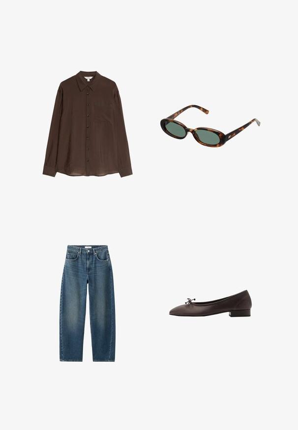 Bruine button-up shirt gemaakt van een gladde, lichte stof. Heeft een puntige kraag, lange mouwen en een borstzak.; Donkerblauwe denim jeans met een rechte pijp, vijf-pocket ontwerp en een klassieke knoopsluiting. Zachte textuur met subtiele vervaging.; Bruine leren balletschoen met een ronde neus en een kleine blokhak. Kenmerkt zich door een dunne strik aan de voorkant en subtiele stikdetails.; schildpadbril met ovale monturen en groene lenzen. Heeft dunne spijlen met een metalen accent nabij de scharnieren.; Geweven gele handtas met een gebogen handvat aan de bovenkant en een ongestructureerde vorm. Het gestructureerde oppervlak heeft een kruissteekpatroon over de hele tas.