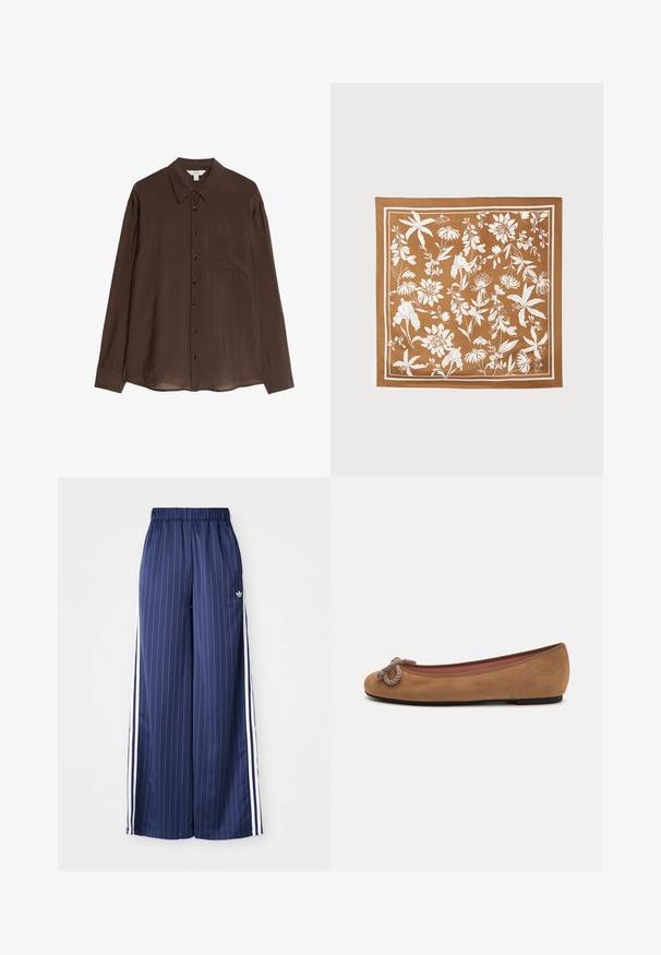 Bruine button-up shirt gemaakt van een gladde, lichte stof. Heeft een puntige kraag, lange mouwen en een borstzak.; Navyblauwe wijde broek met verticale witte strepen, elastische tailleband en drie witte strepen aan elke kant, gemaakt van een lichtgewicht materiaal.; Bruine suède ballerina's met een ronde neus, voorzien van een decoratieve touwknopen aan de voorkant en een vlakke zool.; Bruine zijden sjaal met witte bloemmotieven, omrand met een witte rand. Gladde textuur en vierkante vorm.