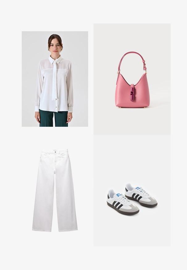 Weiße Bluse mit langen Ärmeln, Kragen und einer Bindeschleife. Besitzt einen glatten, durchsichtigen Stoff mit einer geknöpften Vorderseite und gerafften Manschetten.; Weiße weit geschnittene Jeans aus Denim. Mit Knopfverschluss, Vorder- und Gesäßtaschen sowie gesteppten Nähten. Glatte Textur mit minimalen Details.; Sportschuhe mit einem Obermaterial aus weißem Leder, grauer Wildleder-Zehenkappe und drei schwarzen Streifen. Sie verfügen über ein blaues Logo auf der Zunge und eine strukturierte Gummisohle.; Rosa Lederhandtasche mit strukturiertem Design, ausgestattet mit einem glänzenden Verschluss und einem einstellbaren Gurt. Texturierte Oberfläche mit goldfarbenen Beschlägen.