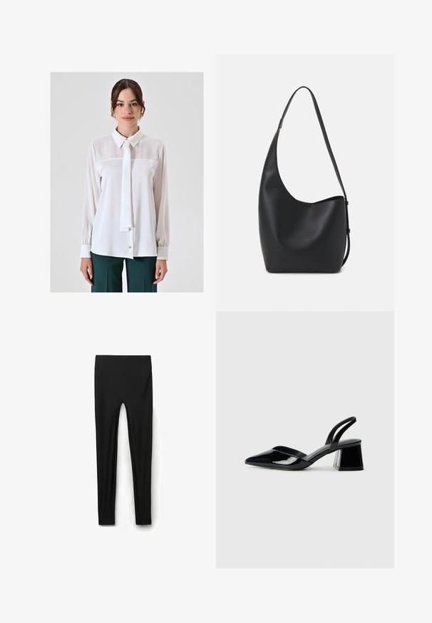 White blouse with long sleeves, collar, and a tie detail. Features a smooth, sheer fabric with a buttoned front and puffed cuffs.; Black leggings made of smooth, stretchy fabric. Fitted design with a high waist, no visible seams, and ankle-length cut.; Black patent leather slingback heels with a pointed toe and a geometric block heel. Features a sleek, minimal design and smooth texture.; Black leather hobo bag with a smooth texture, curved shape, and single adjustable strap; features a wide opening at the top.