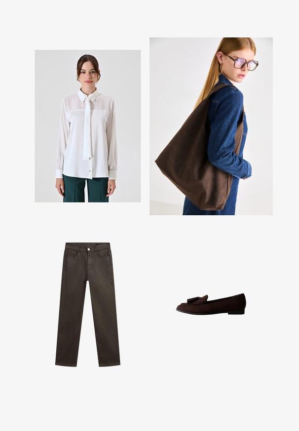 White blouse with long sleeves, collar, and a tie detail. Features a smooth, sheer fabric with a buttoned front and puffed cuffs.; Brown denim jeans featuring a straight-leg design, five-pocket styling, and a front button closure. Smooth texture with a slight sheen.; Brown suede loafer with a rounded toe and decorative tassel on the upper. Flat sole with a minimalistic design and smooth texture.; Brown leather tote bag with a soft texture, featuring a spacious design and a single strap. Worn with a blue denim jacket.
