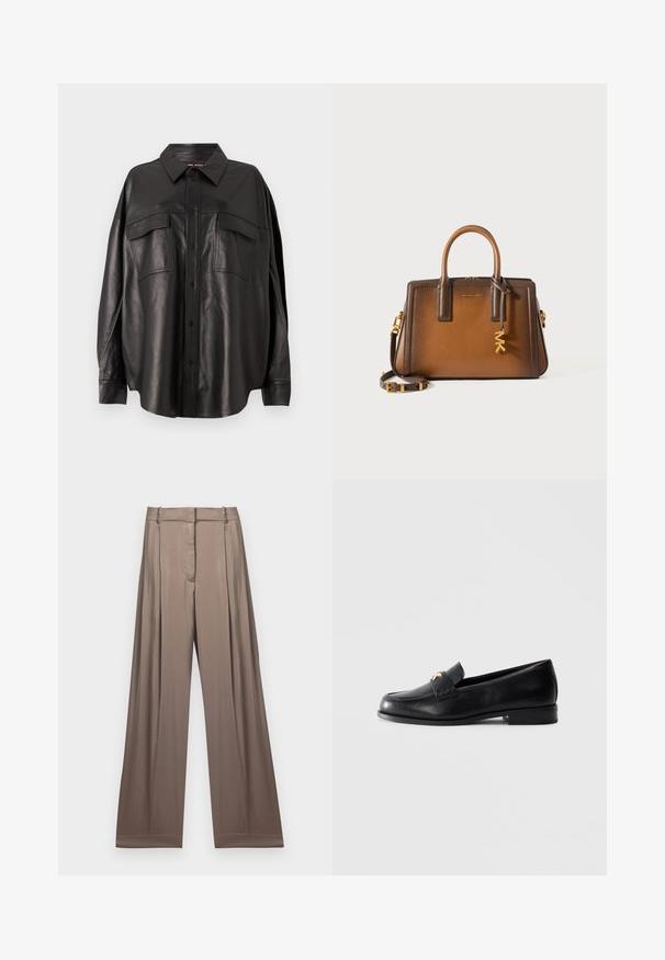 Black leather shirt with a button-up front, pointed collar, and two chest pockets. Features a loose fit and smooth texture.; White cropped T-shirt made of cotton, featuring short sleeves and "MICHAEL KORS" logo in matching embroidered text across the front.; Wide-leg trousers in a muted taupe color, made of smooth fabric with a satin finish. Features a tailored waistband and subtle pleats.; Black leather loafer with low heel and gold decorative emblem on the strap, displayed on a plain light gray background.; Brown leather handbag featuring dual top handles, a detachable shoulder strap, gold hardware, and a decorative charm with the letters "MK."
