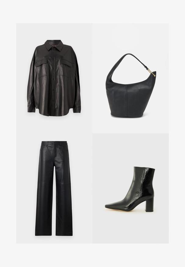 Camisa de couro preto com frente botões, colarinho pontiagudo e dois bolsos no peito. Apresenta um corte solto e uma textura suave.; Calças de couro pretas de perna larga com uma textura suave, apresentando bolsos frontais, fecho com botão e detalhes de costura subtis.; Botim preto até ao tornozelo, feito de couro brilhante, com bico apontado e um salto grosso e quadrado. Apresenta uma textura suave e um design minimalista.; Bolsa de mão em pele preta com uma forma arredondada, uma alça larga e um acabamento texturizado. Apresenta um discreto detalhe de costura e um acabamento em metal dourado.