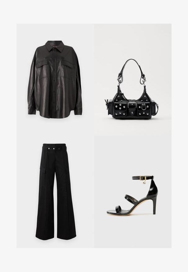 Black leather shirt with a button-up front, pointed collar, and two chest pockets. Features a loose fit and smooth texture.; Black wide-leg pants with a high waistband, featuring large side pockets, two front buttons, and a loop detail. Made from sturdy fabric.; Black patent leather sandal with three straps, ankle buckle, and 4-inch stiletto heel. Features gold hardware detail and logo charm.; Black leather handbag with a curved design, featuring silver studs, a buckle, and two side pockets. Adjustable strap for carrying options.