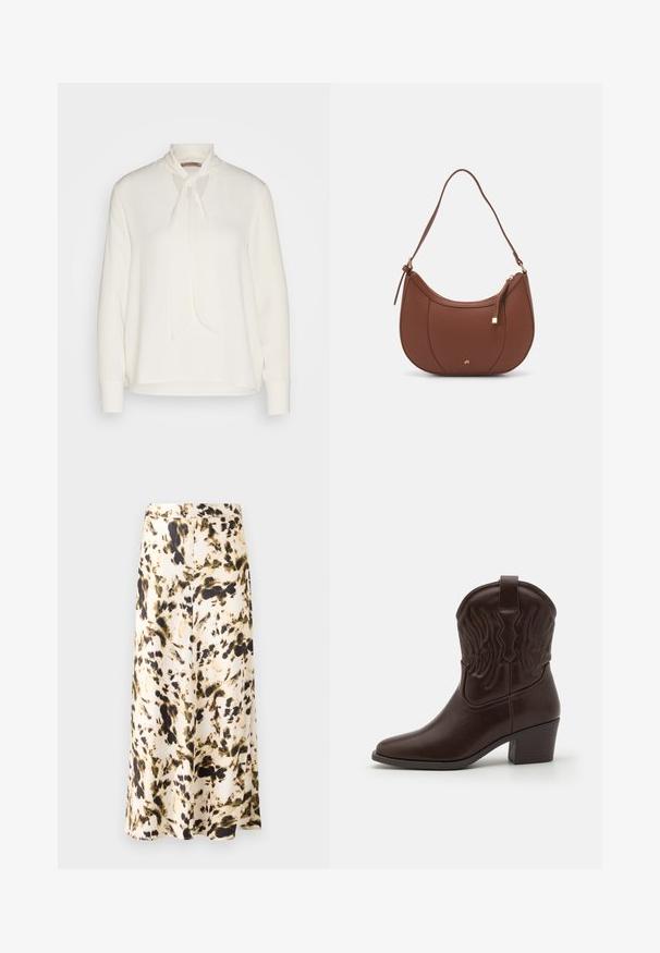 Bílá halenka s dlouhými rukávy a designem se zavazováním u krku, s hladkou texturou a uvolněným střihem. Jednoduchá a elegantní, bez dalších vzorů.; Sukně ke kolenům z lehkého materiálu s abstraktním vzorem v béžové, hnědé a zelené. Má přiléhavý pás a splývavý design.; Hnědé kožené kovbojské boty s špičatou špičkou, vyraženými křídly, středně vysokým blokovým podpatkem a úchytem vzadu.; Hnědá kabelka přes rameno z umělé kůže s zakřiveným tvarem, minimálním prošíváním a zlatým kovovým akcentem. Disponuje vrchním zipovým uzavíráním a nastavitelným popruhem.; Zlaté kruhové náušnice s texturovaným, nepravidelným tvarem. Disponují bezproblémovým uzávěrem a leštěným povrchem, což zdůrazňuje moderní design.