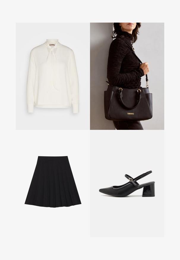 Weiße Bluse mit langem Arm und Schleifenkragen, aus einem glatten Stoff und in lockerer Passform. Schlicht und elegant, ohne zusätzliche Muster.; Schwarzer, plissierter Rock aus strukturiertem Stoff mit einem taillierten Bund. Fällt knielang und hat eine glatte, klare Silhouette.; Schwarze Lackleder-Slingback-Absätze mit spitzer Zehenform, einem runden Ausschnitt-Design und einem Blockabsatz. Mit einem goldfarbenen Schnallenakzent.; Schwarze Handtasche mit strukturierten Oberflächen, doppelten Obergriffen und verstellbarem Schultergurt. Mit goldfarbener Hardware und Seitentaschen.