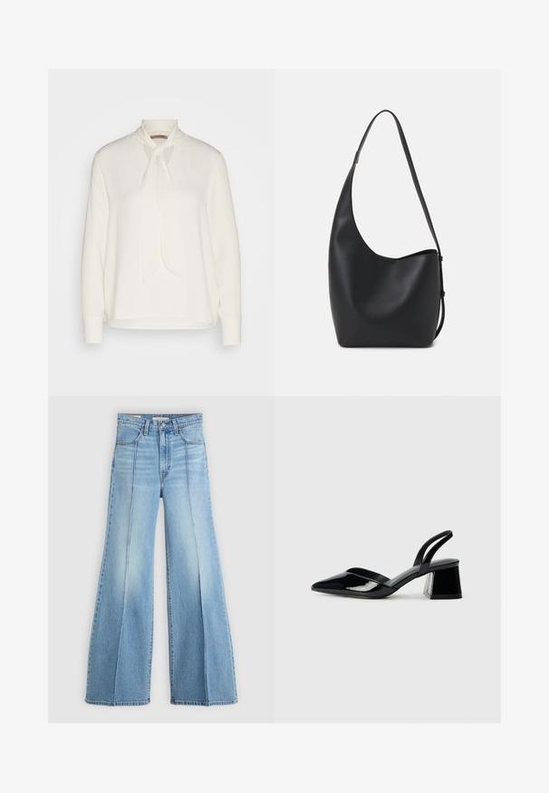 Hvit langermet bluse med knyttekjole-design, med en glatt tekstur og en løs passform. Enkel og elegant, uten tilleggsmønstre.; Lyseblå høytlivsjeans med vide ben, front- og baklommer, beltehemper og vertikale sømdetaljer foran.; Svarte patentlær slingback hæler med spiss tå og geometrisk blokk hæl. Har et stilrent, minimalistisk design og jevn tekstur.; Svart lær hobo-veske med glatt tekstur, buet form og enkelt justerbart stropp; har en bred åpning på toppen.