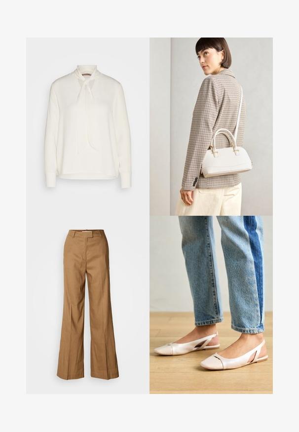 Witte blouse met lange mouwen en een striknekontwerp, met een soepele textuur en een relaxte pasvorm. Eenvoudig en elegant, zonder extra patronen.; Bruine wijde broek van lichtgewicht stof. Heeft een platte voorkant, riemlussen en een getailleerde pasvorm met een enkel-lange snit.; Zachtroze slingback ballerina's met een spitse neus, gemaakt van een glad leerachtig materiaal. Bevat uitsnijdingen aan de zijkanten en heeft een platte hak.; Witte gestructureerde handtas met korte handvatten en een schouderband, voorzien van gouden hardwareaccenten en een textuurmateriaal, tentoongesteld tegen een grijze achtergrond.
