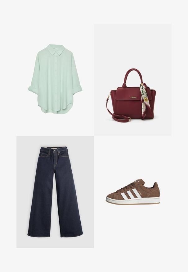Světle zelená košile na knoflíky s límečkem, ohrnutými rukávy a volným střihem. Vyrobena z lehké, měkké tkaniny s hladkou texturou.; Džínové kalhoty s širokými nohavicemi ve tmavě modré barvě s kontrastním prošíváním. Mají tradiční pětikapsový design a zapínání na knoflík v pase.; Hnědé semišové tenisky s bílými koženými pruhy, gumovou podrážkou, kulatou špičkou a šněrováním vpředu. Mají logo na jazyku a perforované detaily.; Burgundská kabelka vyrobená z umělého materiálu se strukturovaným designem, která má odnímatelný popruh a kroužek, na kterém je uvázaný šátek s květinovým vzorem.