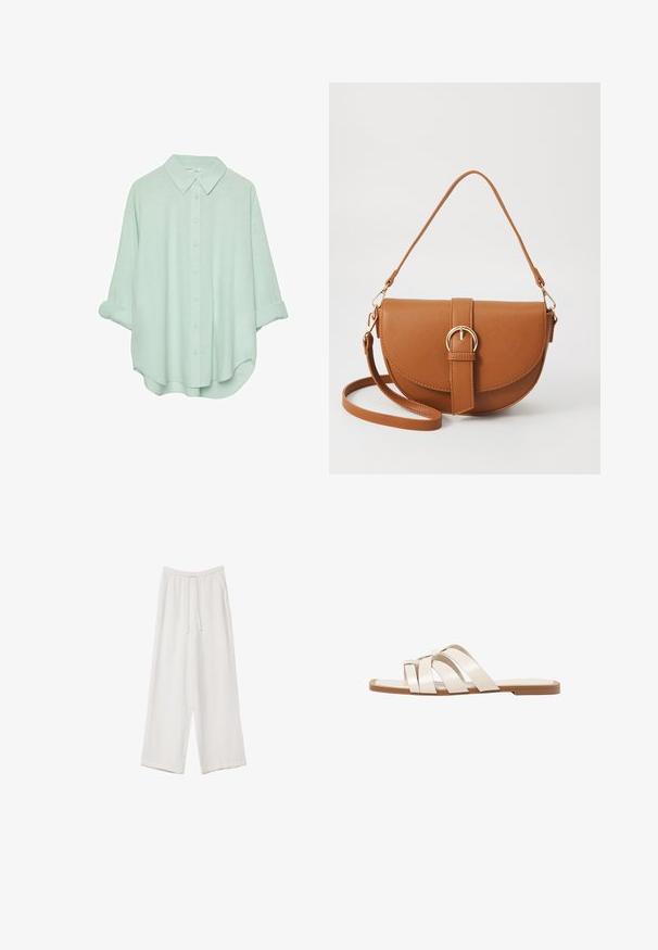 Majhna zelena srajca s kragnjo, zavihani rokavi in sproščenim krojem. Narejena iz lahkega, mehkega materiala z gladko teksturo.; Bele široke hlače iz lahkega materiala. Imajo elastičen pas s vrvico in stranske žepe. Gladka tekstura.; Ravne sandale s svetlo rjavim gumijastim podplatom, zasnovane s tremi prekrivajočimi se belimi usnjenimi trakovi in majhnim lokom na sredini.; Rjava usnjena torbica prek telesa s ukrivljeno obliko, zlate opreme in sponko. Ima odstranljiv naramni trak.