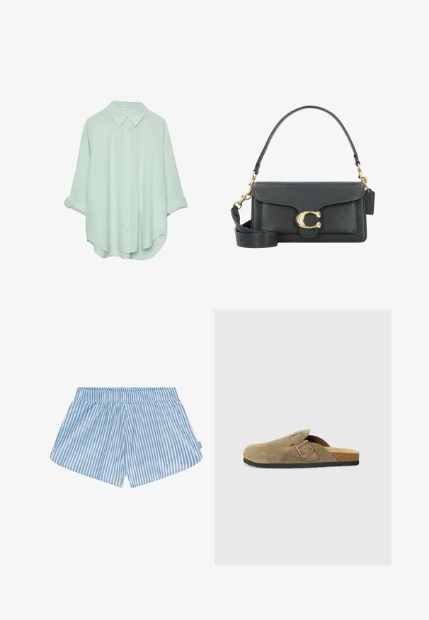 Mint green button-up shirt with a collar, rolled-up sleeves, and a relaxed fit. Made from a lightweight, soft fabric with a smooth texture.; Blue and white striped shorts with an elastic waistband, two buttons on the front, and a relaxed fit. Fabric appears smooth with a lightweight texture.; Suede clog-style slipper in olive green with a narrow strap and metal buckle detail. Features a cork footbed and black rubber sole.; Black leather handbag with a gold hardware accent, featuring a signature clasp, a detachable shoulder strap, and textured surface.