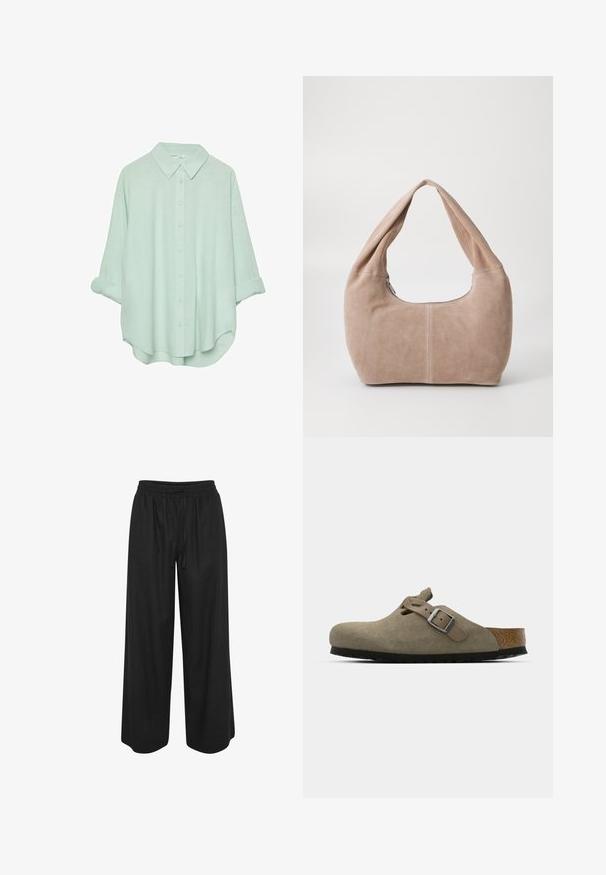 Mint green button-up shirt with a collar, rolled-up sleeves, and a relaxed fit. Made from a lightweight, soft fabric with a smooth texture.; Black wide-leg pants made from a lightweight fabric, featuring an elastic waistband and a drawstring for adjustable fit.; Suede clogs in light olive green with a molded cork and rubber sole. Features a side strap with a metal buckle and a rounded toe.; Hobo bag made of soft, suede material in a light beige color. Features a rounded shape with a wide strap and zip closure.