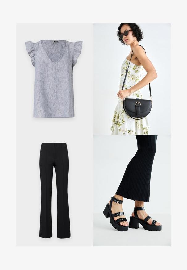 Világoskék, rövid ujjú felső V-kivágással, fodros ujjal és diszkrét textúrájú anyaggal. Lazán, kényelmesen viselhető kialakítás.; Fekete, bővülő szárú nadrág, bordázott textúrával és testhezálló derékkal. A dizájn függőleges varratokat tartalmaz, amelyek karcsúsított megjelenést kölcsönöznek. Nincs látható fémrész.; Fekete platform szandálok vastag, barázdált talppal és több pánttal, fém csatokkal, sima bőrhatású textúrával.; Fekete bőrtáska ívelt formával, levehető pánttal és arany színű fémrészekkel. A táskán egy csattal díszített fedél található.