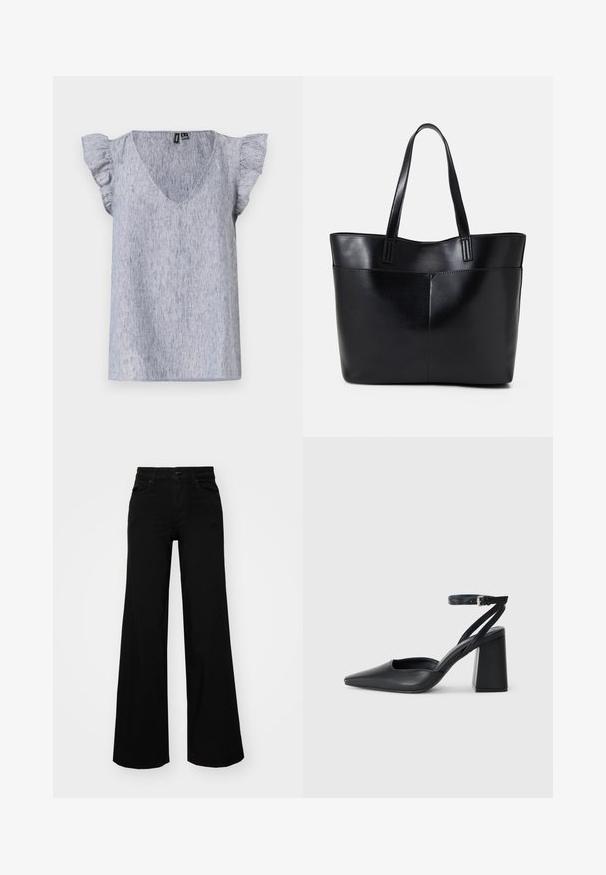 Vaaleansininen lyhythihainen paita, jossa on V-niskatyyli. Rypytetyt hihat ja hienovarainen tekstuuri. Rentoa muotoilua, väljä istuvuus.; Musta leveälahkeinen farkkupanta, jossa on rakenteellinen vyötärö, vyölenkit ja etutaskut. Sujuva rakenne klassisella muotoilulla.; Mustat nahkakengät, joissa on kapea kärki, nilkkaremmi ja paksu korko. Tasainen pinta, tyylikäs muotoilu ja minimalistinen estetiikka.; Musta nahkainen kassi, jossa on kaksi pitkää kahvaa, sileä pinta ja jämäkkä muoto. Sisältää etutaskun lisävarastointia varten.