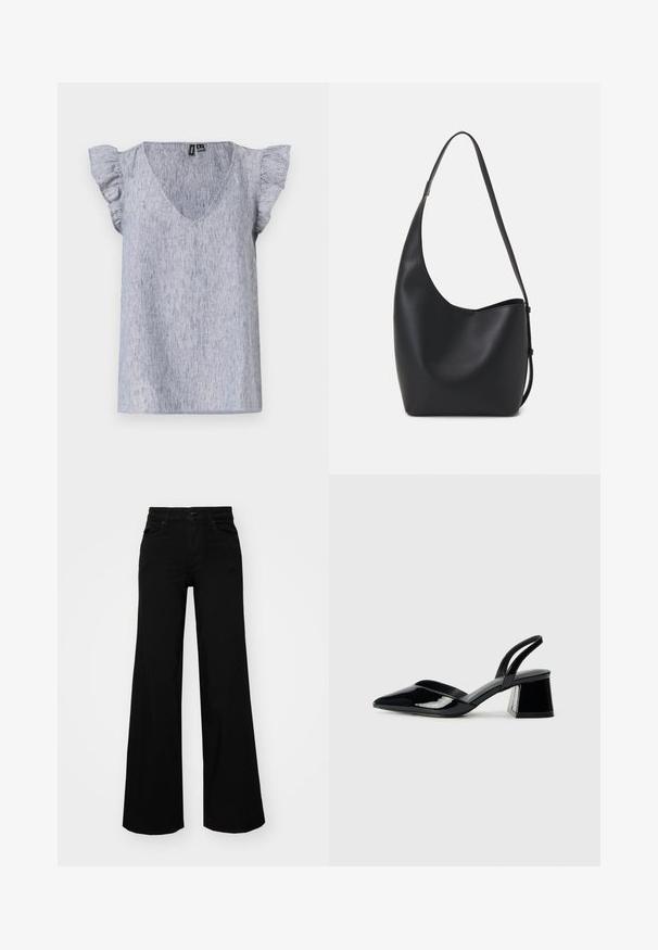 Jasnoniebieska bluzka z krótkim rękawem i dekoltem w serek, z falbanowymi rękawami oraz subtelną teksturą materiału. Casualowy krój, luźny fason.; Czarne szerokie spodnie dżinsowe z usztywnionym pasem, szlufkami na pasek i kieszeniami z przodu. Gładka faktura o klasycznym fasonie.; Czarne lakierowane półbuty na obcasie z wydłużonym noskiem i geometrycznym słupkiem. Charakteryzują się eleganckim, minimalistycznym designem oraz gładką fakturą.; Czarna skórzana torba hobo o gładkiej fakturze, zaokrąglonym kształcie i pojedynczym, regulowanym pasku; posiada szerokie otwarcie na górze.