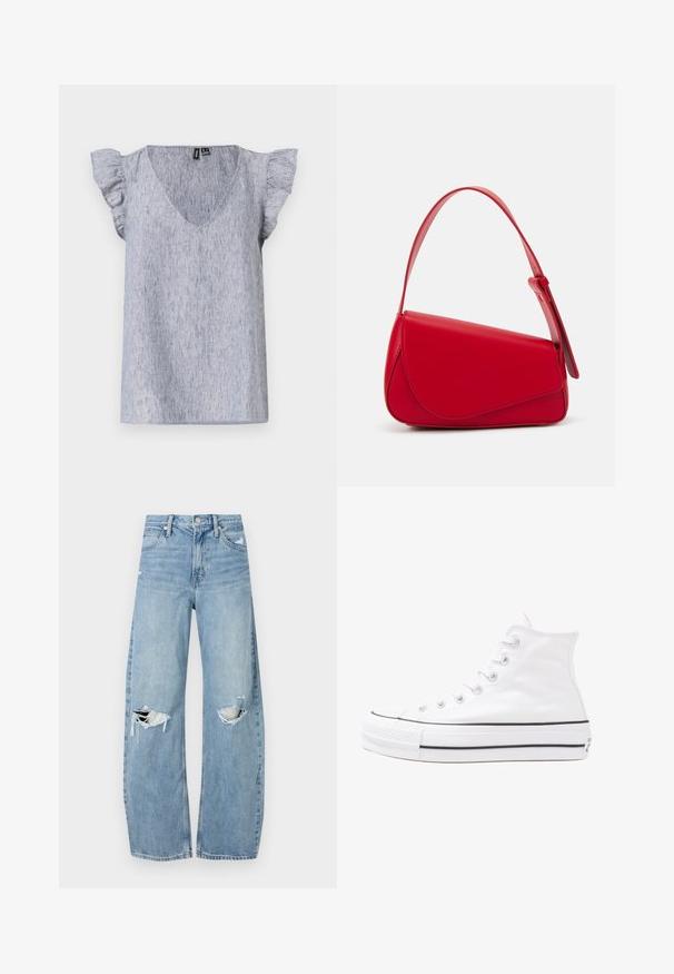 Svijetloplava majica kratkih rukava s V-izrezom, koja ima nabore na rukavima i suptilan teksturirani materijal. Ležernog je dizajna i opuštenog kroja.; Svijetloplave, visoko-strukirane traperice. Imaju široke nogavice, dva razderana područja na koljenima i klasičan stil s pet džepova.; Bijela visoka platnena tenisica s crnom gumenom potplatom, prednjim gumenim zaštitnikom prstiju i šest rupa za vezanje, s čistim, minimalističkim dizajnom.; Crvena kožna torba s kutnim, geometrijskim dizajnom. Ima jedan podesivi remen i preklopni zatvarač sa šivenim detaljima.