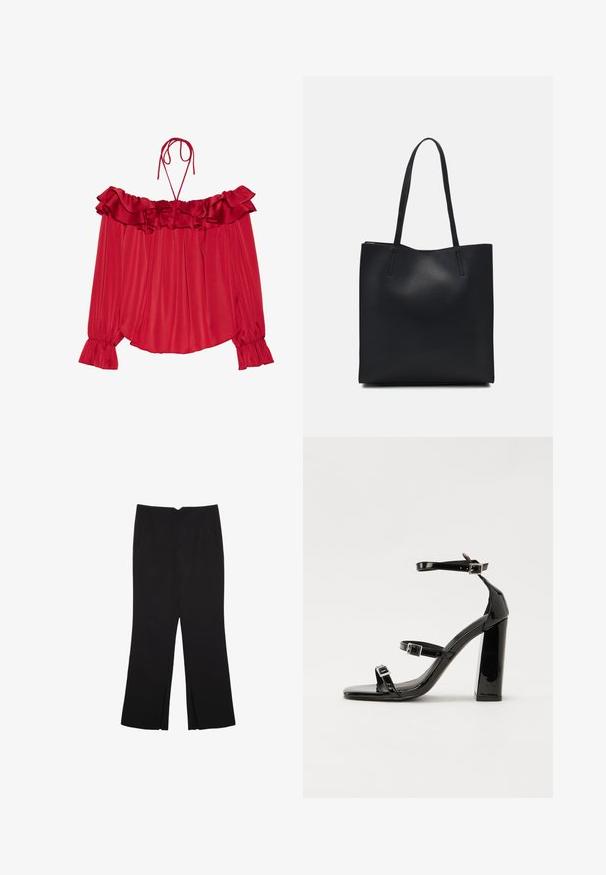 Rode off-the-shoulder blouse met rucherig decolleté, strikbandjes, geplisseerde structuur en uitlopende mouwmanchetten. Lichtgewicht satijnen stof.; Zwarte broek met een rechte pasvorm, voorzien van zijzakken en plooien aan de onderzijde. Gemaakt van zachte, gladde stof. Geschikt voor verschillende gelegenheden.; Zwarte gepatenteerde sandalen met hak en een vierkante neus, enkelbandjes en zilveren gespen. Heeft een stevige blokhak voor stabiliteit.; Zwarte leren handtas met een gladde textuur, rechthoekige vorm en twee lange handvaten. Geen zichtbare hardware of versieringen.