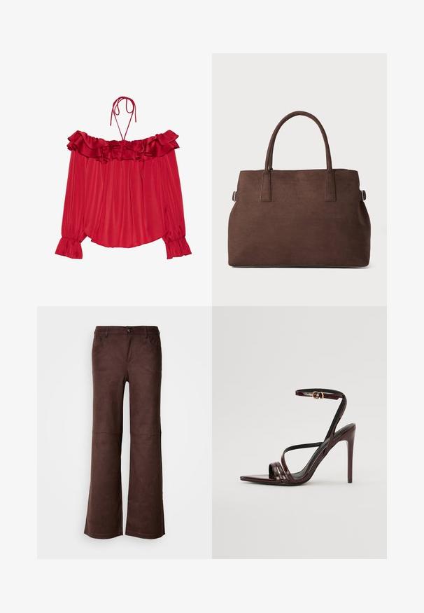Sarkana blūze bez pleciem ar kraukšķīgu apkakli, saistēm, plecu un zvana tipa piedurknēm. Viegls satīna audums.; Brūnas platās bikses no mīksta, zamšveida auduma. Tās ir aprīkotas ar četrām kabatām, pogām un gludu, teksturētu virsmu.; Burgundijas lakota āda augstpapēžu sandele ar potītes siksniņu, izteiksmīgu purngalu un trim horizontālām siksnām pāri pēdai. Zelta krāsas siksniņas detaļa.; Rūdas mākslīgā zamšādas plecu soma ar diviem izturīgiem rokturiem, strukturētu formu un minimālistisku dizainu, ar diskretām šuvju akcentiem.