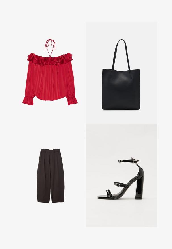 Červená blůza bez ramínek s volánkovým výstřihem, zavazovacími ramínky, na nařaseném povrchu a rozšířenými manžetami rukávů. Lehčí saténová tkanina.; Černé široké kalhoty vyrobené z hladkého materiálu, s vysokým pasem, předními sklady a bočními kapsami. Jednoduchý design bez ozdob.; Černé lakované sandály na podpatku se čtveratou špičkou, lýtkovými pásky a stříbrnými přezkami. Disponují masivním blokovým podpatkem pro stabilitu.; Černá kožená taška přes rameno s hladkým povrchem, obdélníkovým tvarem a dvěma dlouhými uchy. Žádné viditelné kování ani ozdoby.