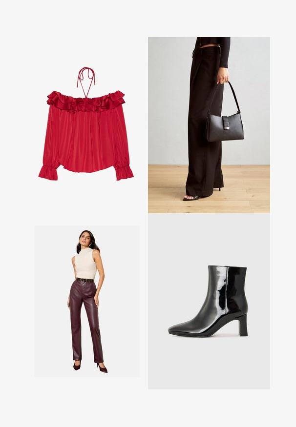 Röd off-shoulder-blus med volangkrage, knytband, veckad textur och utsvängda ärmslut. Lättviktig satintyg.; Burgundy konstläderbyxor med en åtsittande design, hög midja och framseamsdetaljer, tillsammans med en ärmlös krämfärgad topp och svart bälte.; Svart lackläder ankelboot med spetsig tå och en medelhög klack. Slät textur och minimalistisk design.; Svart handväska med strukturerad form, slät yta och metallspänne. Matchad med vida svarta byxor och sandaler med öppen tå på trägolv.
