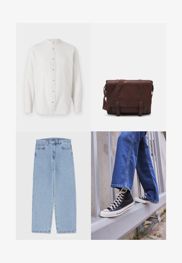 Pruhovaná košeľa s gombíkmi v svetlej smotanovej a jemnej béžovej farbe, s lemovaným golierom, dlhými rukávmi a okrúhlymi gombíkmi pozdĺž prednej strany.; Biele tričko s dlhým rukávom z jemnej látky, s okrúhlym výstrihom a jednoduchým dizajnom bez viditeľných vzorov alebo akcentov.; Svetlomodré denimové džínsy s rovnými nohavicami, s polovysokým pásom, piatimi vreckami a zapínaním na gombík a zips.; Čierne vysoké tenisky s bielou podrážkou a šnúrkami, kombinované so voľnými modrými riflami, položené na sivej zábradlí.; Hnedá kožená messenger taška s plochým predným klopom, dvoma popruhmi, zlatými kovovými detailmi a nastaviteľným ramenným popruhom.