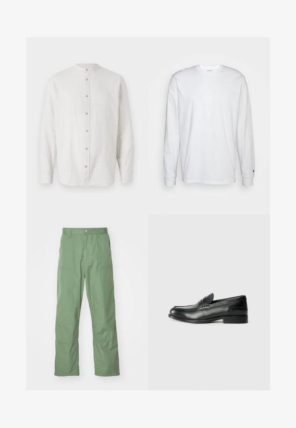 Chemise à rayures en crème clair et beige subtil, avec un col montant, des manches longues et des boutons ronds sur le devant.; T-shirt blanc à manches longues en coton. Design à col rond avec des poignets côtelés et un petit logo sur la manche gauche. Texture lisse.; Pantalons vert clair, coupe décontractée avec une texture lisse, dotés de poches latérales et de détails de coutures visibles. Longueur complète avec un design à jambe droite.; Mocassins en cuir noir avec une finition lisse, des détails cousus sur le devant et un talon légèrement surélevé.