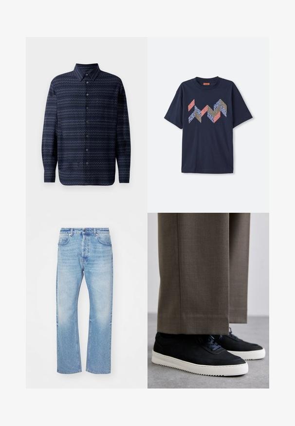 Laivyno spalvos marškiniai su zigzagų raštu, ilgomis rankovėmis, standartine apykakle ir mygtukais priekyje. Tekstūrizuota audinio apdaila.; Tamsiai mėlynas medvilninis marškinėliai su geometriniu zigzagų raštu raudonais, beige, mėlynais ir baltais tonais. Trumpomis rankovėmis ir apvaliu kaklu.; Šviesiai mėlyni džinsai su tiesiomis kojomis. Turintys subtilų blukimą, mygtuko uždarymą ir penkias kišenes su klasikiniu juosmeniu.; Juodi zomšiniai sportbačiai su baltais guminiais padais, su apvalia nosimi ir raišteliais, dėvimi su pilkais pritaikytais kelnais.