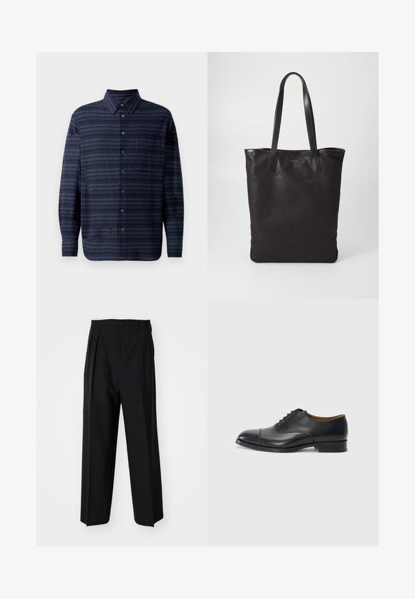 Jūras zila pogājamā krekla ar zigzagu rakstu, garām piedurknēm, standarta apkakli un pogām gar priekšpusi. Tekstūra auduma apdare.; Melnas plisētās bikses ar taisnu, plata kāja dizainu. Izgatavotas no gludas auduma, ar pogu aizdari un jostas cilpiņām.; Melna ādas kleitkurpe ar gludu virsmu, noapaļota purngala, piecām acīm šņorēšanai un zemu bloku papēdi. Minimalistisks dizains ar smalku adījumu.; Melnas auduma iepirkumu soma ar melnām ādas rokturiem. Vienkāršs dizains, plaša forma un gluda tekstūra. Nav redzamu logo vai rakstu.