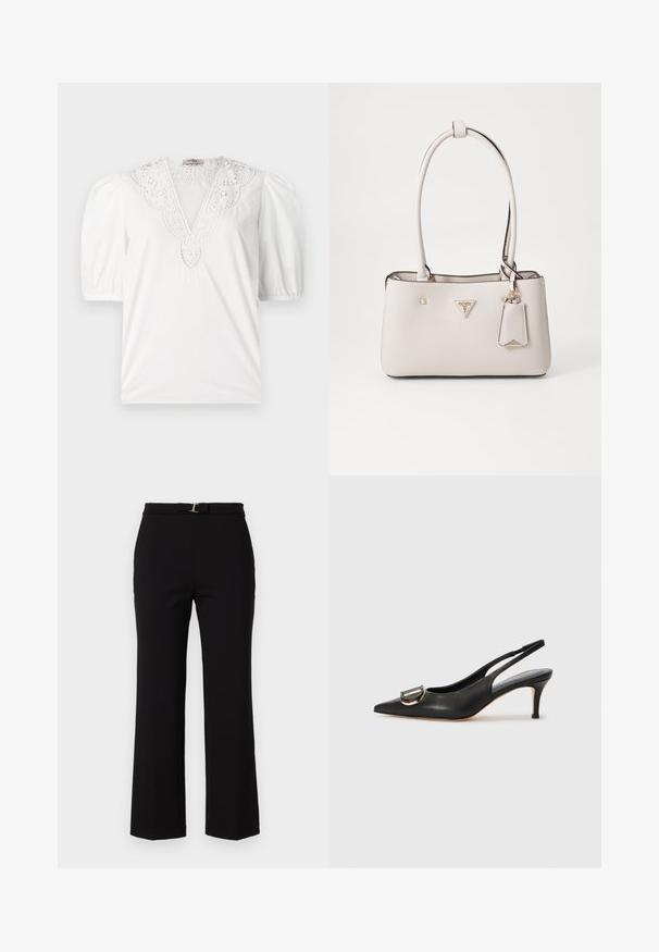 White blouse featuring a deep V-neck with intricate lace detailing, short puffed sleeves, and a smooth, textured fabric.; Black, high-waisted trousers made of smooth fabric, featuring a belt with a gold buckle, and a flared leg design.; Black leather slingback pump with pointed toe, gold buckle detail, slender heel, and smooth texture. Minimalist design for easy pairing.; Beige faux leather handbag with smooth texture, dual shoulder straps, gold hardware, logo plaque, and an attached tag.