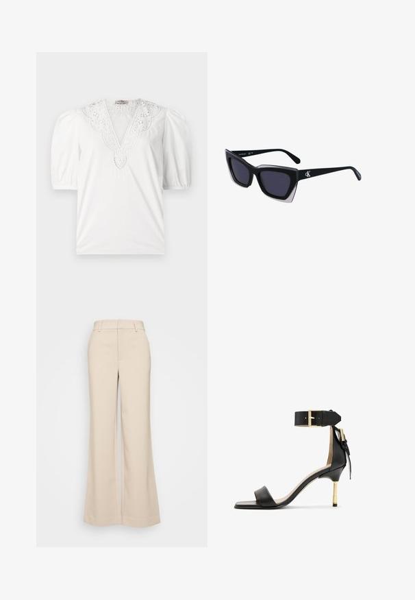Hvid bluse med en dyb V-udskæring og detaljeret blonder, korte puffede ærmer og et glat, tekstureret stof.; Beige vidde bukser med en glat overflade, der har en høj talje og to forlommer. Renset design med en skræddersyet pasform.; Sort læder hæl sandal med firkantet tå, ankelrem med en guldbuckle og en slank metallisk hæl. Glat tekstur, minimalistisk design.; Store sorte oversized solbriller med geometrisk form, med mørke linser og en kontrasterende grå detalje på stellet. Logo på armen.