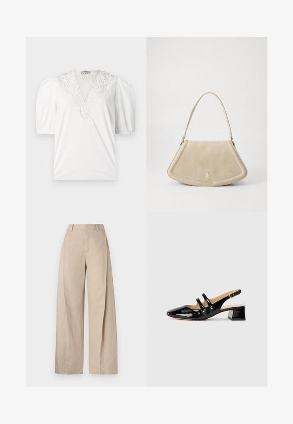 White blouse featuring a deep V-neck with intricate lace detailing, short puffed sleeves, and a smooth, textured fabric.; Beige linen wide-leg trousers with a high waist, featuring a smooth texture and clean lines, designed for a relaxed fit.; Black patent leather slingback shoe with pointed toe, two strap detail, gold circular accents, and a low block heel.; Beige suede handbag with a rounded triangular shape, a single strap, and a gold-tone hardware accent on the front.
