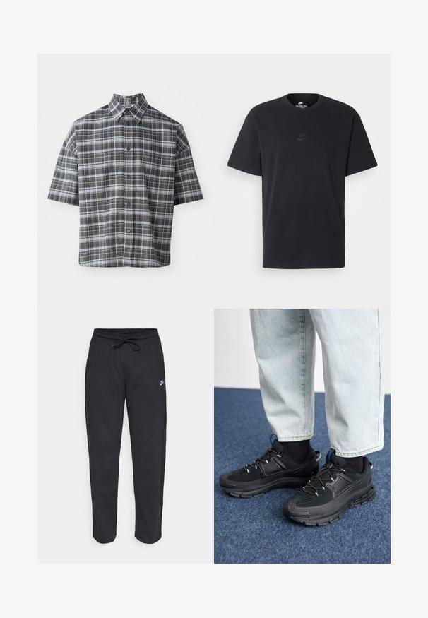 Kortermet skjorte med knapper i svart og grå rutemønster. Har spiss krage og frontlukking med svarte knapper.; Nike svart bomull T-skjorte med klassisk rund hals, korte ermer, og en subtil, preget logo på brystet. Glatt tekstur.; Sorte sweatpants laget av mykt stoff med elastisk midjebånd, snøring og en liten Nike-logo på venstre lår.; Svarte sportssko med teksturert stoff og gummisåler, med elastiske lisser og en blå detalj på hælen. Brukt med lyse denimbukser.