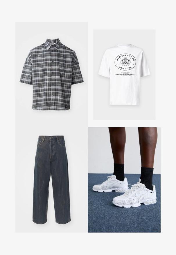 Short-sleeve button-up shirt in a black and gray plaid pattern. Features a pointed collar and front button closure with black buttons.; White cotton t-shirt featuring a black circular graphic with "New Era Cap Co" and a crest design, along with text detailing quality since 1920.; Wide-leg dark blue denim jeans with subtle distressed texture, five pockets, and a classic button and zipper closure at the waist.; White athletic shoes with mesh upper, textured accents, and cushioned sole. Paired with black ribbed ankle socks on a blue carpeted surface.