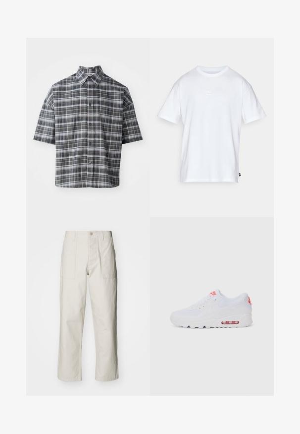 Chemise à manches courtes à motifs carreaux noir et gris. Dotée d'un col pointu et d'une fermeture à boutons sur le devant avec des boutons noirs.; T-shirt en coton blanc à manches courtes et col rond. Présente un petit logo Nike subtil sur la poitrine et une étiquette sur le côté.; Pantalons larges beige clair en coton. Dotés de poches avant et d'une fermeture à bouton. Texture lisse avec de légères lignes verticales.; Baskets de sport blanches avec une tige lisse, un système de laçage, une semelle rembourrée et une unité d'air visible avec des accents rouges sur le logo.