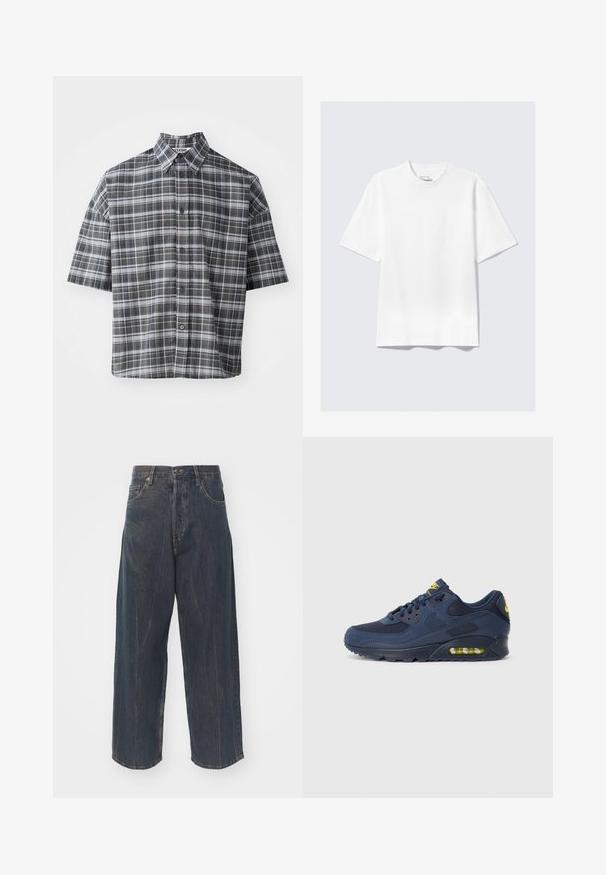 Chemise à manches courtes à motifs carreaux noir et gris. Dotée d'un col pointu et d'une fermeture à boutons sur le devant avec des boutons noirs.; T-shirt blanc à manches courtes, à coupe décontractée, posé à plat sur un fond gris clair.; Jeans en denim bleu foncé à jambes larges avec une texture légèrement déchirée, cinq poches et une fermeture classique à bouton et à glissière à la taille.; Baskets Nike Air Max bleu marine avec une tige en suède et en maille, présentant des accents jaunes, un devant à lacets et un partiellement visible amorti d'air dans la semelle.